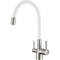 Смеситель для кухни Lemark Comfort LM3075BN-White с подключением к фильтру, гибким изливом, никель матовый/белый