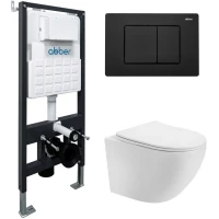 Комплект инсталляция с унитазом Abber AC1100T-AC0105-AC0120MB с кнопкой смыва, черный матовый + унитаз подвесной Abber Bequem безободковый, торнадо, с сиденьем микролифт, белый
