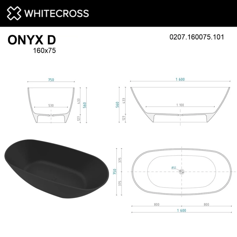 Ванна из литьевого мрамора 160x75 см Whitecross Onyx D 0207.160075.10100
