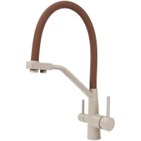 Смеситель для кухни Viko V-5810 с подключением к фильтру, гибким изливом, бежевый мрамор/коричневый