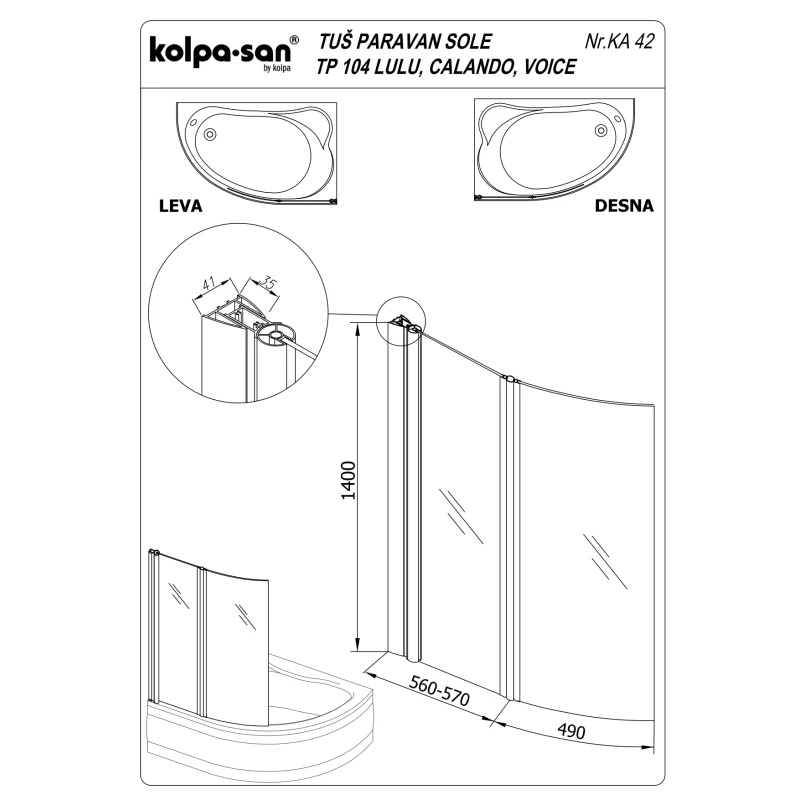 Шторка для ванны 106 см Kolpa San Sole TP 104 прозрачное