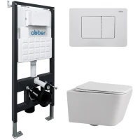 Комплект инсталляция с унитазом Abber AC1201-AC0105-AC0120MW с кнопкой смыва, белый матовый + унитаз подвесной Abber Rechteck безободковый, с сиденьем микролифт, белый