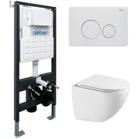 Комплект инсталляция с унитазом Abber AC1131TC-AC0105-AC0121MW с кнопкой смыва, белый матовый + унитаз подвесной Abber Bequem безободковый, торнадо, с сиденьем микролифт, белый
