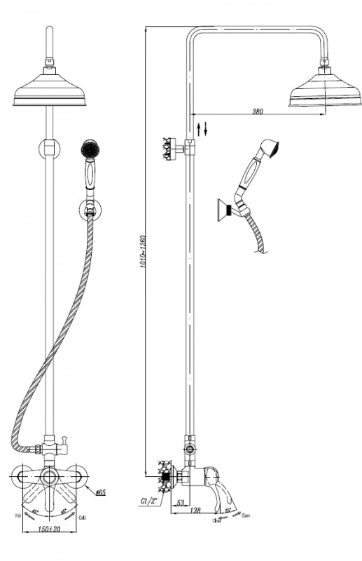 Душевая колонна со смесителем, верхним и ручным душем хром, ручки хром Cezares Lira LIRA-M-CD-01 - фото 2